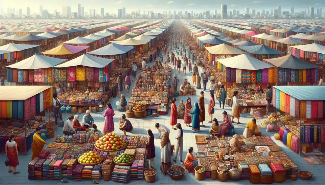 Mercado internacional al aire libre con puestos coloridos vendiendo textiles, frutas y artesanías, y gente diversa interactuando en un día soleado.