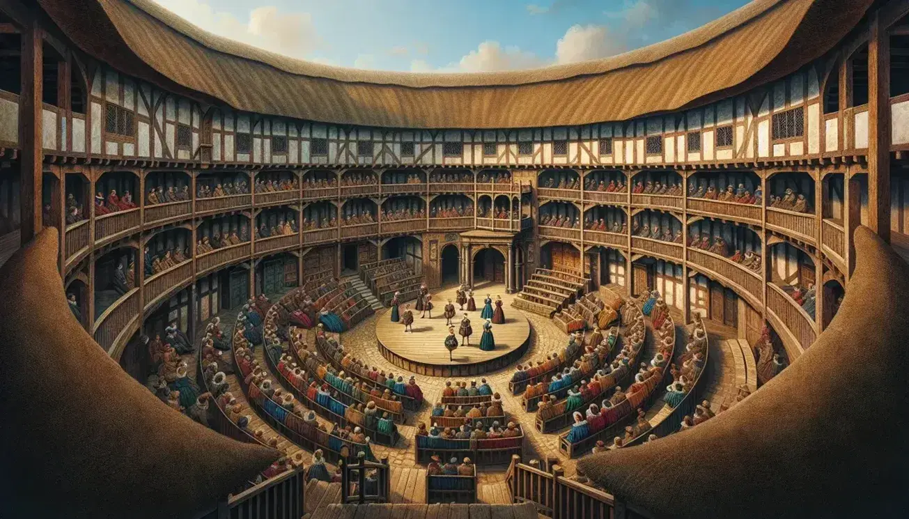 Elizabethan theater with circular design, thatched roof, and multi-tiered galleries filled with period-dressed audience watching actors on stage.