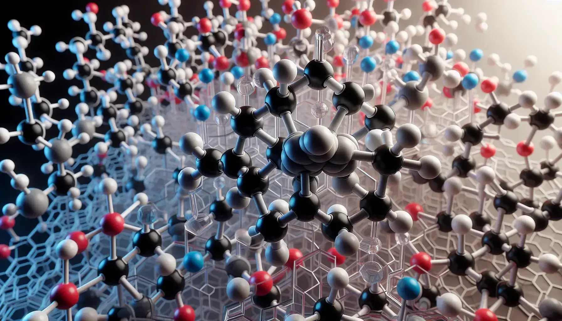 Detailed molecular model with colored spheres representing atoms and sticks for bonds, highlighting a complex organic structure.