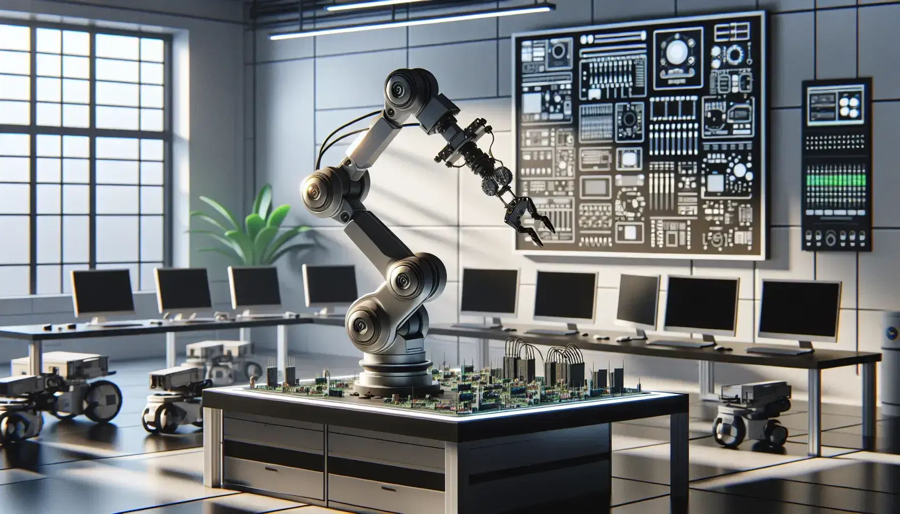 Braccio robotico grigio manipola circuito elettronico in laboratorio tecnologico con monitor spenti, piante verdi e robot disco inattivo.