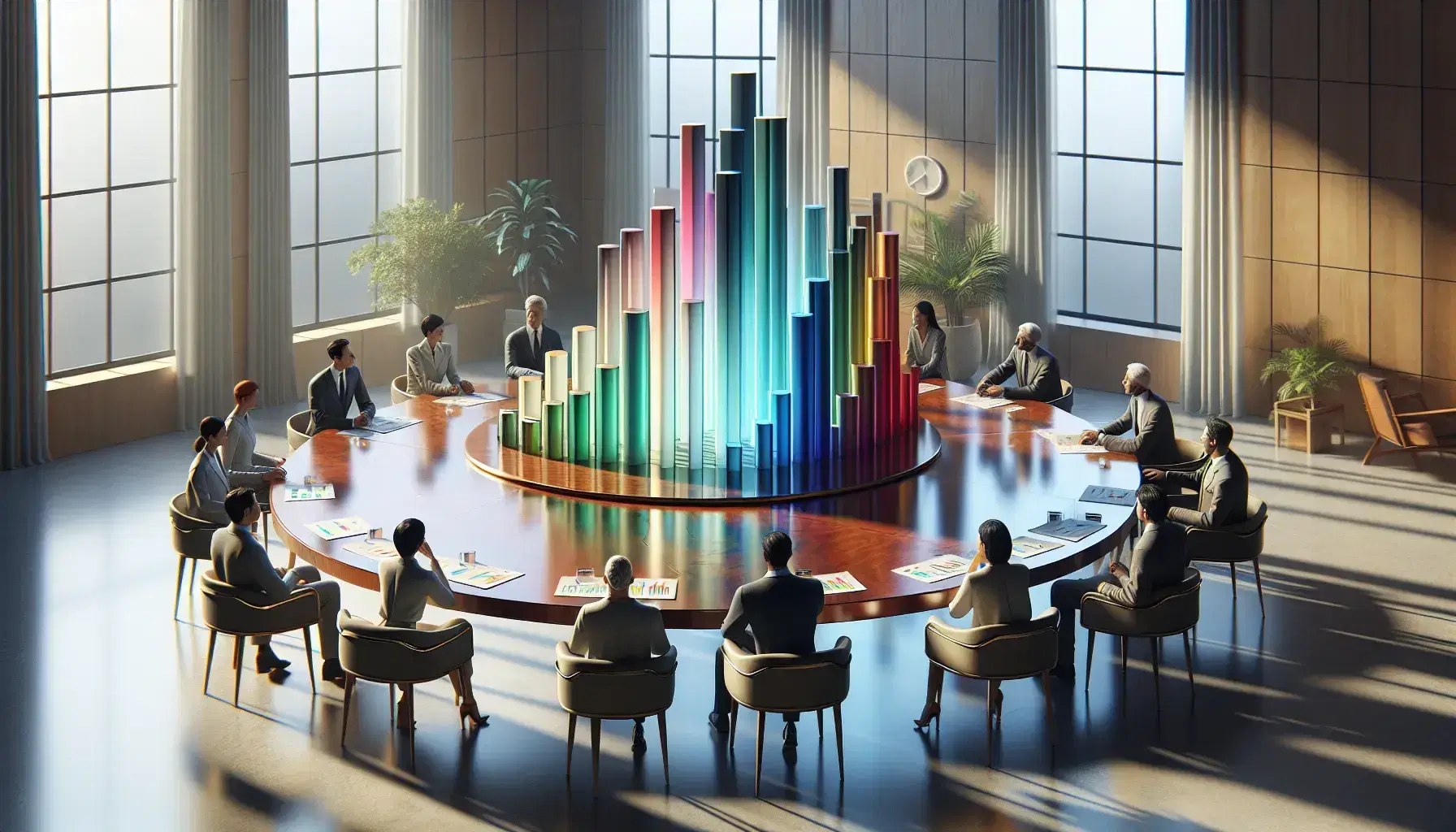 Grupo de personas diversas analizando modelo 3D de gráficos de barras en mesa redonda de madera en sala iluminada con luz natural.