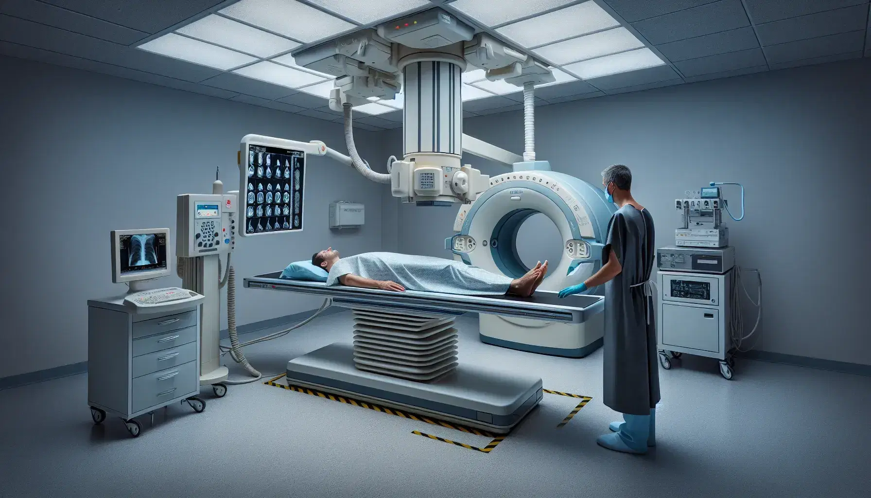 Sala de radiología con paciente acostado en mesa de examen, técnico manejando equipo de rayos X y monitor mostrando radiografía.