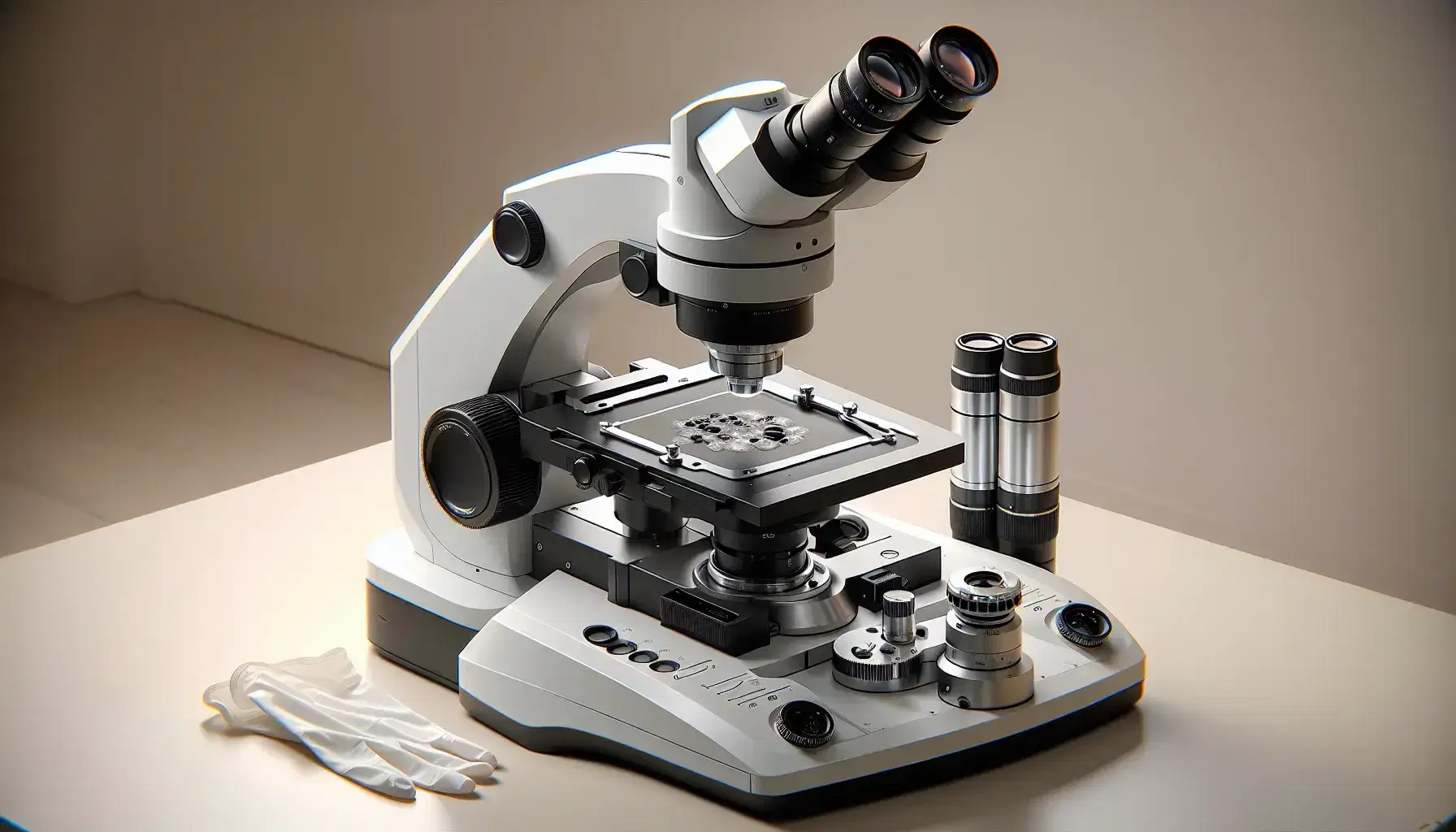 Microscopio electrónico de vanguardia con diseño ergonómico, cuerpo blanco y detalles en negro y plata, con muestra de sangre teñida en portaobjetos.