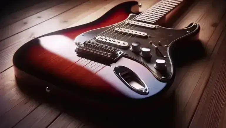 Vintage electric guitar in glossy cherry red with pearly white pickguard and magnetic pickups on wooden surface.