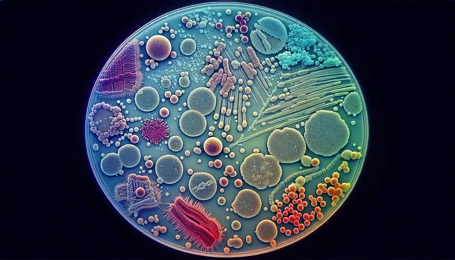 Vista microscópica de colonia bacteriana en medio de cultivo agar mostrando formas esféricas, bacilos y espirales en tonos azules, verdes, púrpuras, rojos y amarillos.