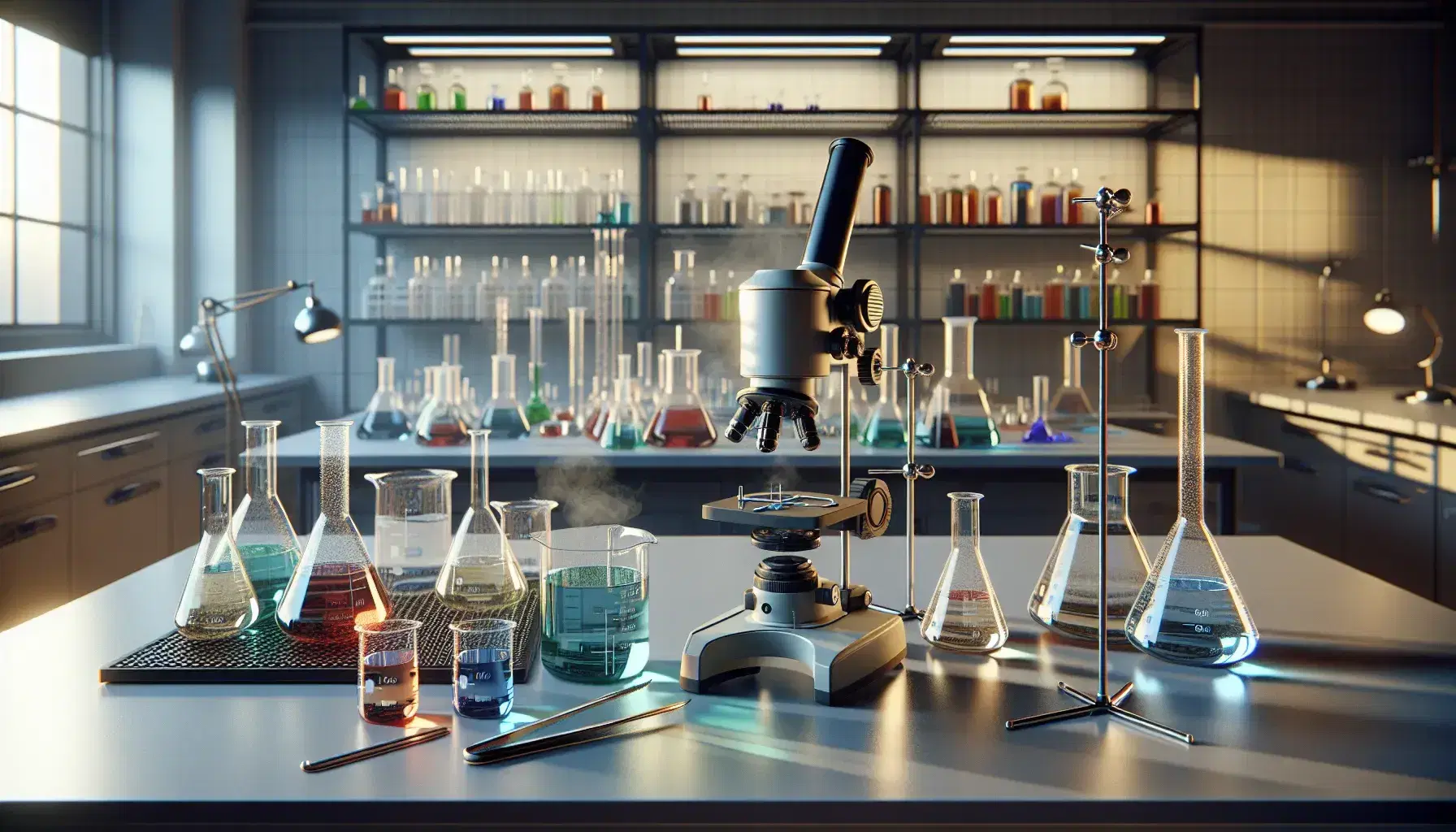 Laboratorio scientifico moderno con banco da lavoro, becher con liquidi colorati, bruciatore Bunsen acceso, microscopio e quaderno.