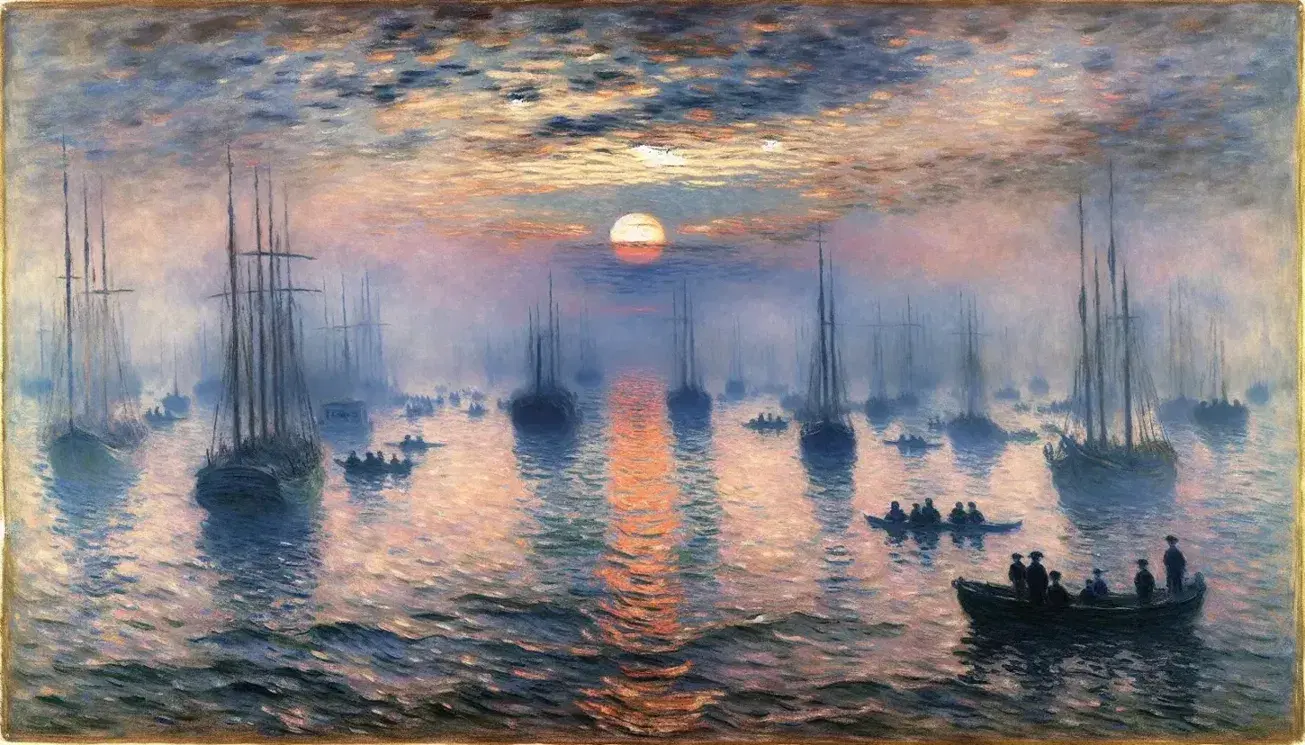 Dipinto 'Impression, Sunrise' di Monet con sole arancione sfocato, cielo rosa e blu, barche in primo piano e riflessi ondulati sull'acqua.