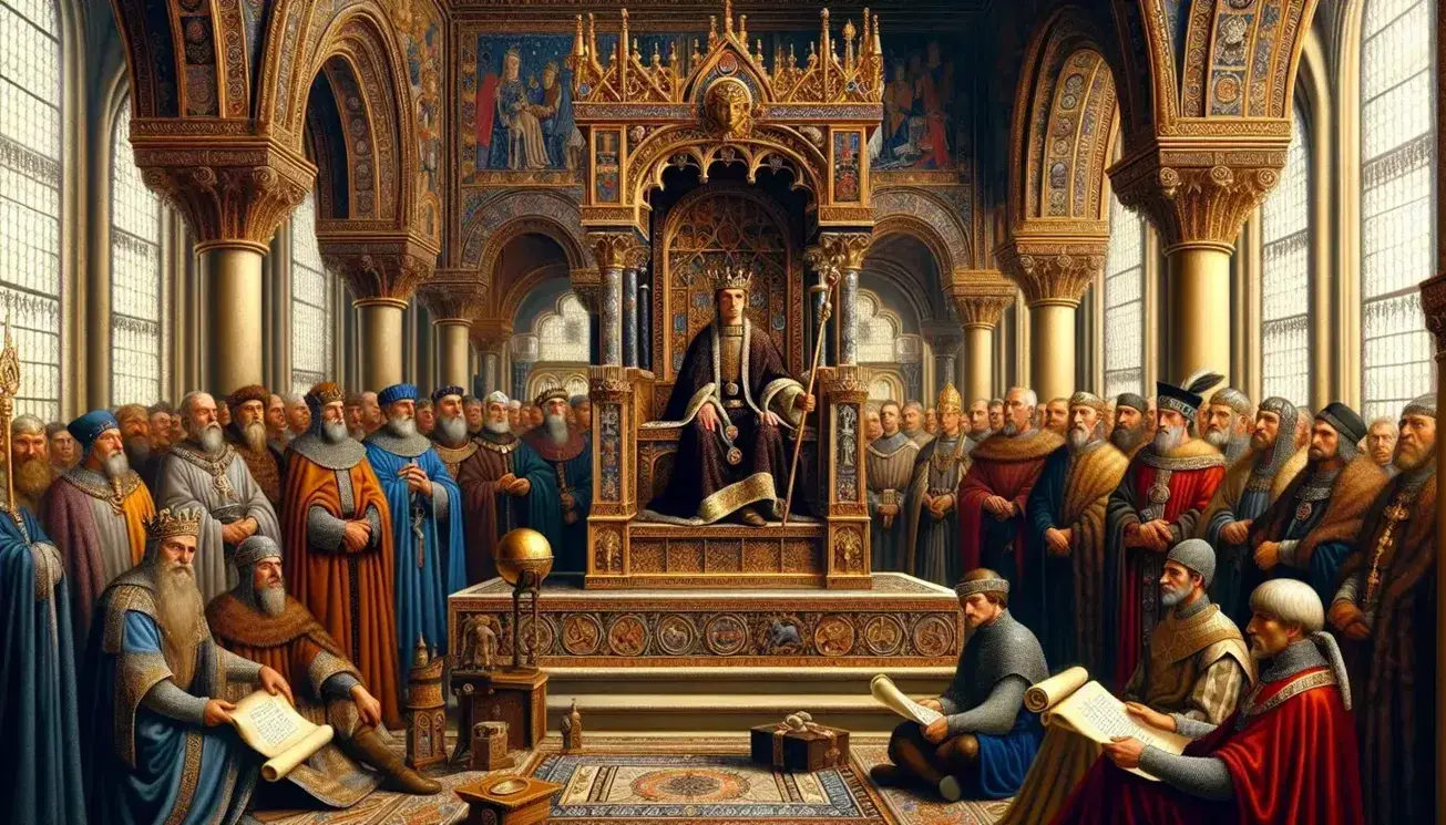 Scena in aula regia carolingia con Carlo Magno in trono, consiglieri, nobili e scribi al lavoro, arazzi colorati alle pareti.