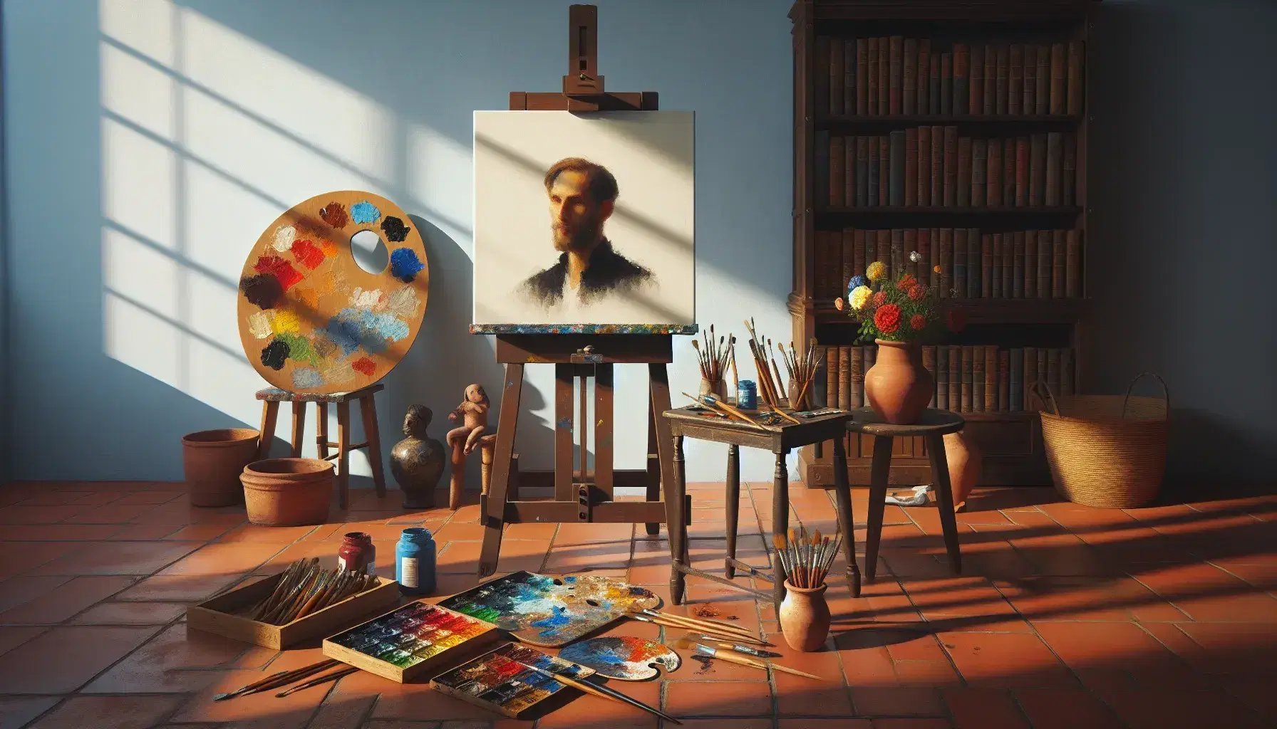 Studio d'artista luminoso con cavalletto e tela iniziata, tavolozza colorata, pennelli, tavolino con vaso e scultura, libreria e quadro.