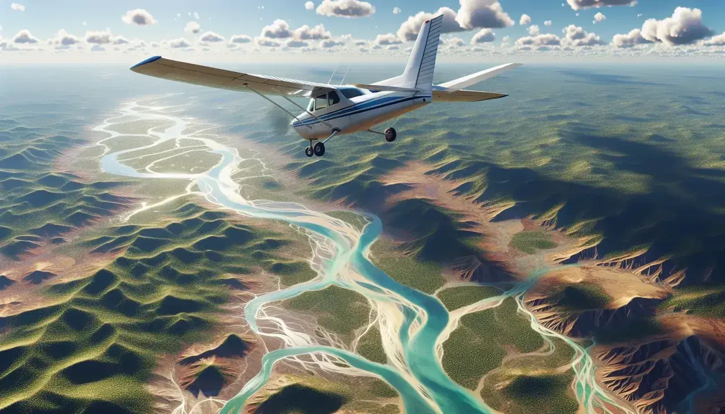 Avioneta blanca con franjas azules volando sobre terreno verde y marrón con río serpenteante bajo cielo parcialmente nublado.