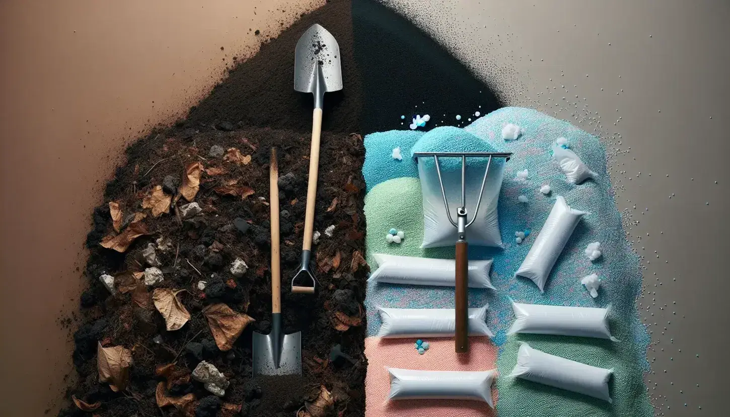 Compost orgánico oscuro con pala y fertilizante inorgánico en bolsas blancas con esparcidor manual, representando opciones de abono para cultivos.