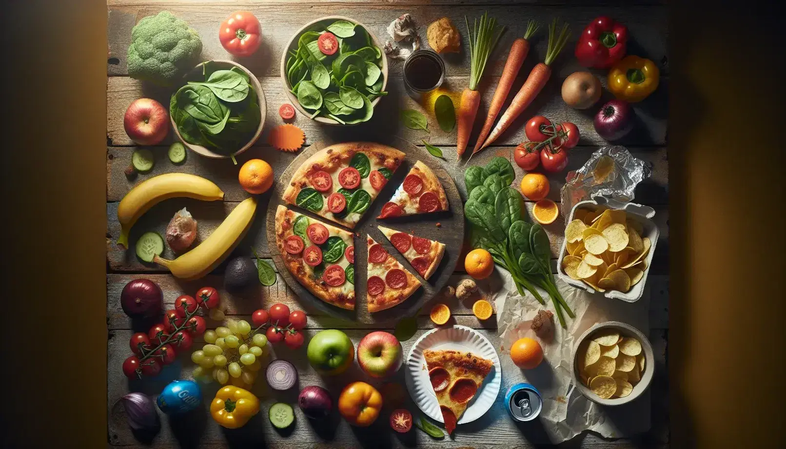Mesa rústica con alimentos frescos y procesados, incluyendo frutas, verduras, pizza, papas fritas y refresco, con una ensalada mixta al centro.