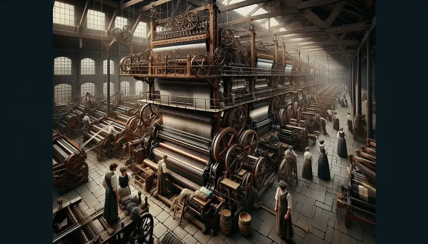 Telares de madera y metal en fábrica textil de la Revolución Industrial con operarios en ropa de época trabajando entre hilos de colores neutros.