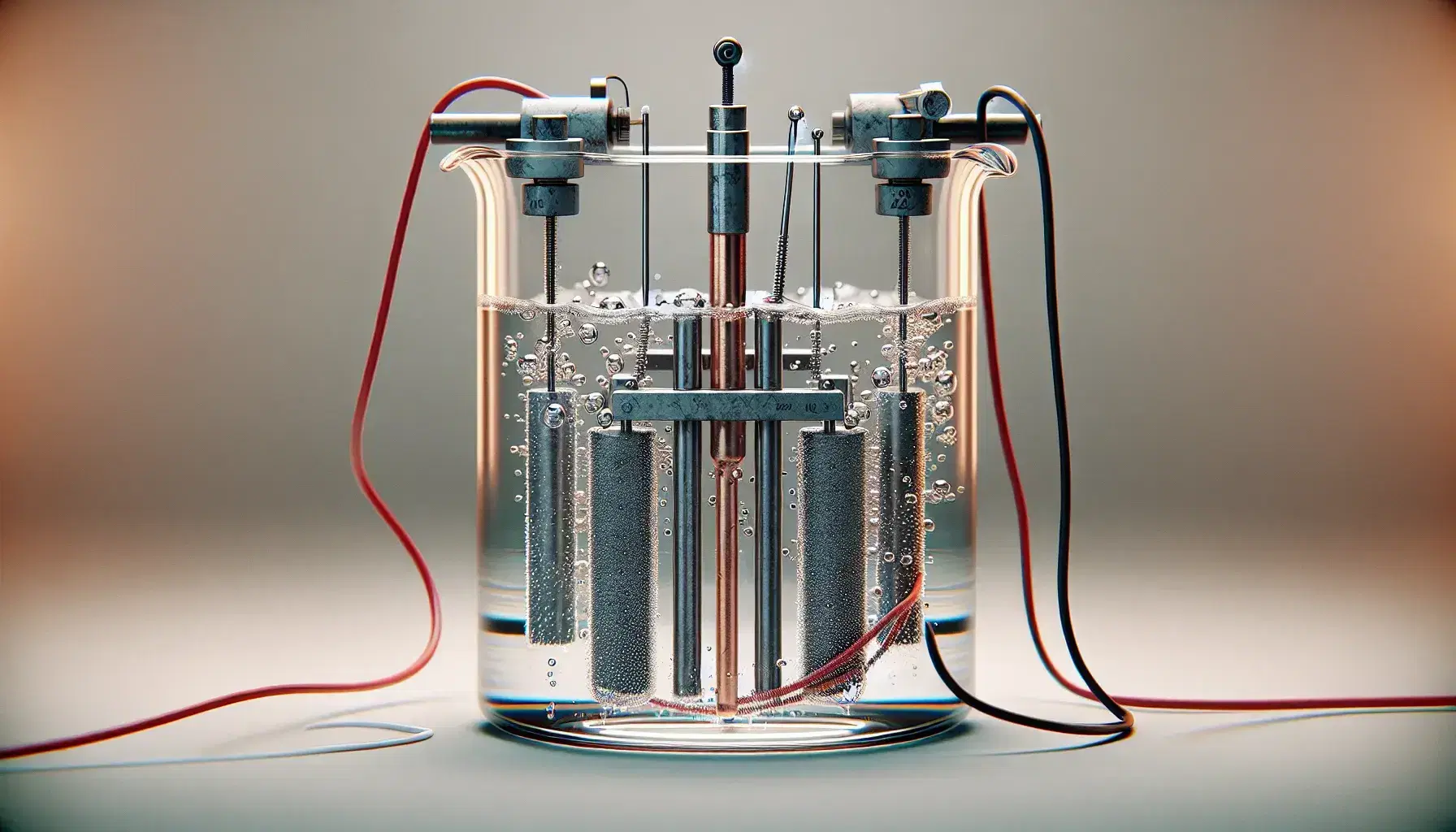 Electrolysis apparatus with glass beakers and colorless liquid, graphite and copper electrodes connected to red and black wires, visible gas bubbles.