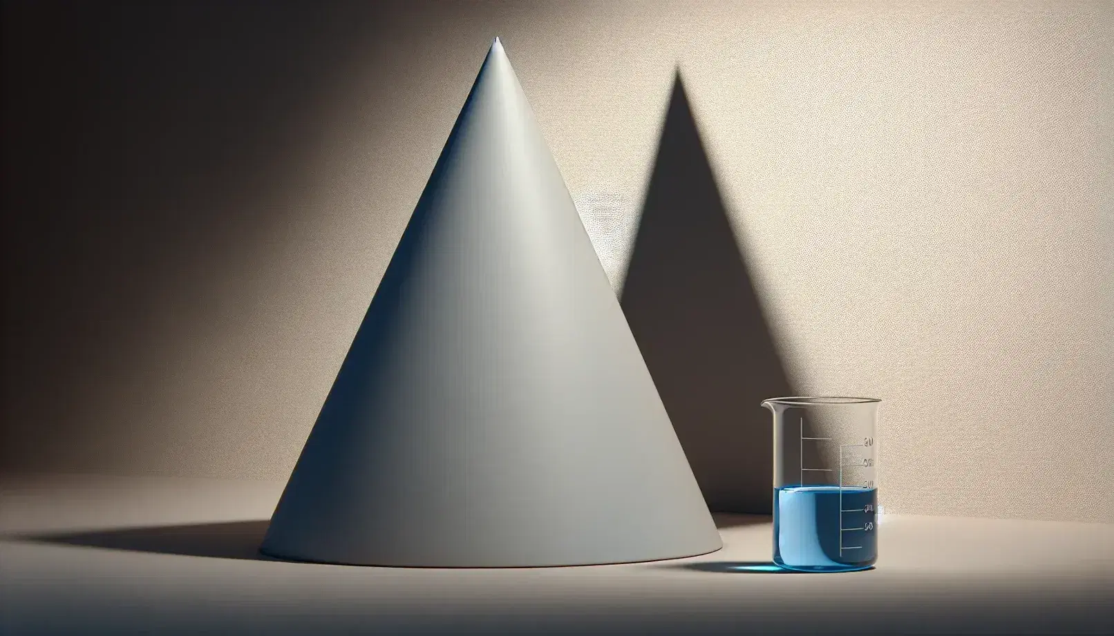 3D model of a gray cone with a sharp apex and circular base beside a half-filled beaker of blue liquid on a wooden table, casting a soft shadow.
