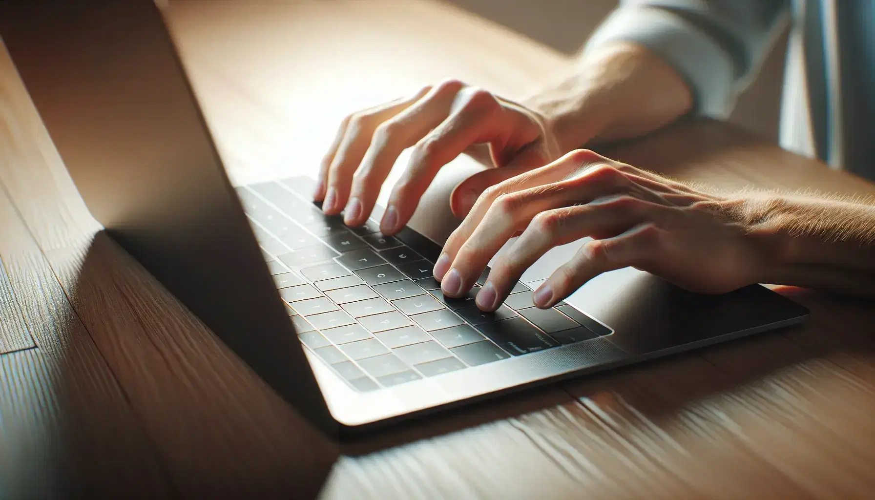 Hands typing on laptop keyboard on wooden desk, correct position for typing, blurred background with warm lighting.