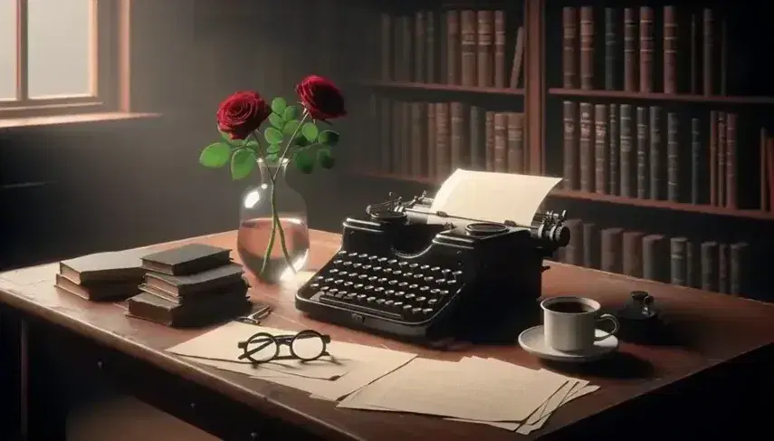 Vintage desk with classic typewriter, white paper, red rose in vase, steaming coffee mug, and round glasses, against a blurred bookshelf background.