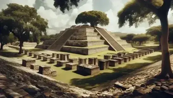 Vista panorámica de una pirámide escalonada prehispánica en México con columnas de piedra en primer plano y un árbol frondoso a la izquierda bajo un cielo despejado.