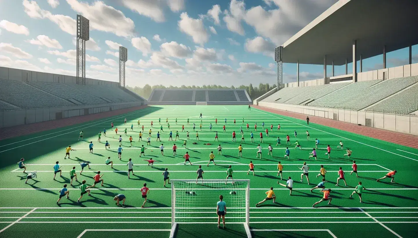 Campo de fútbol con césped verde y líneas blancas, jóvenes atletas calentando y entrenador supervisando, porterías y gradas vacías al fondo bajo cielo azul.