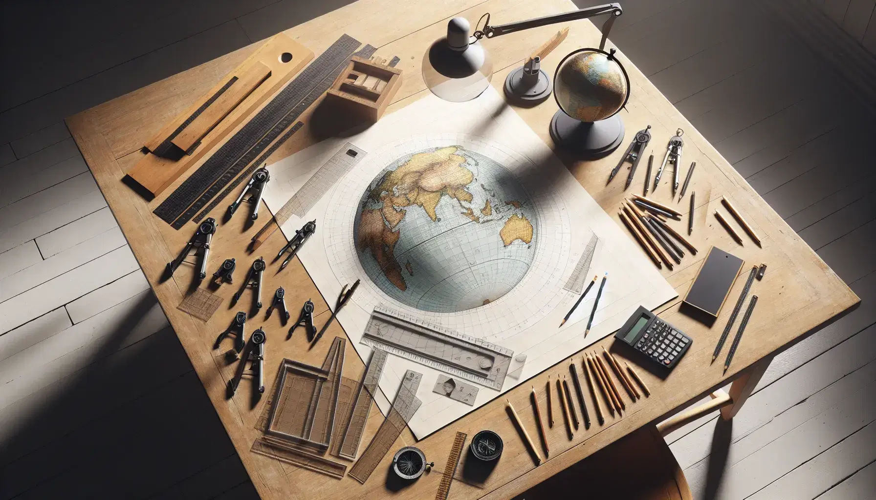 Tavolo in legno chiaro con strumenti cartografici, foglio con contorno terrestre, squadra trasparente, compasso, righello, matite affilate e calcolatrice grafica.