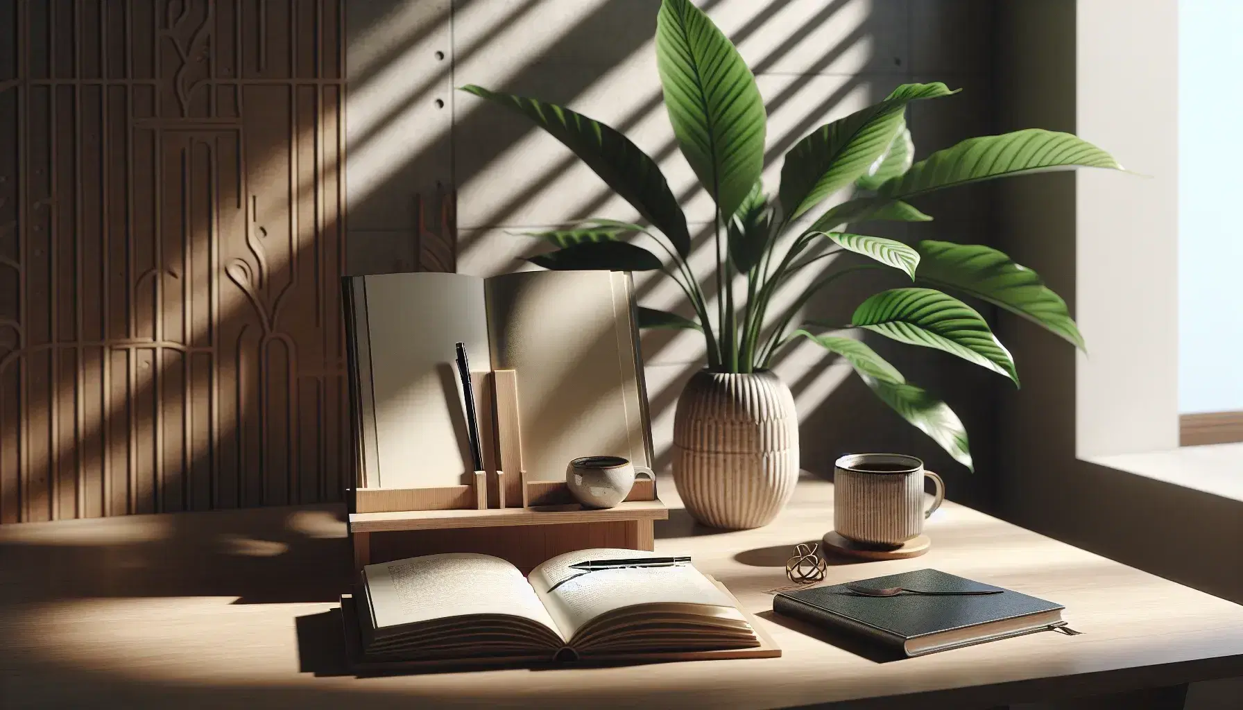 Mesa de madera clara con libro abierto en atril, taza de café con cuchara, cuaderno azul con bolígrafo y planta verde en maceta blanca bajo luz natural.