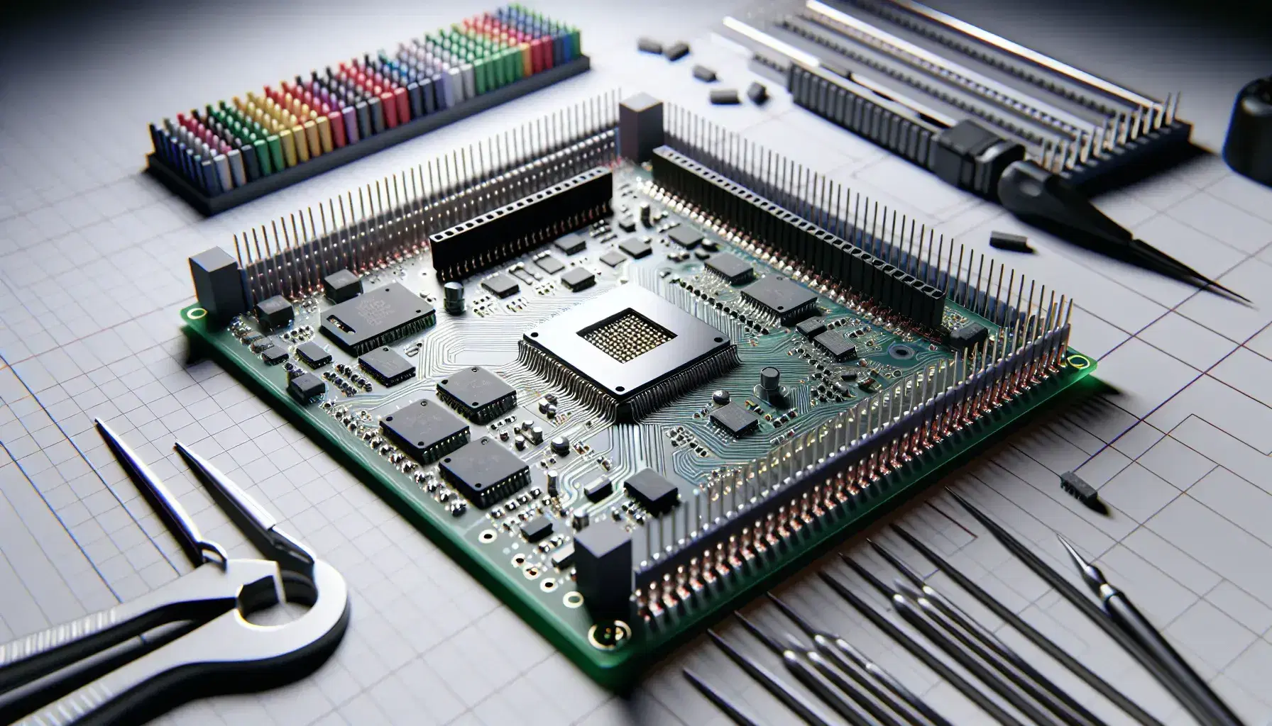 Opened hardware development board with central CPU, memory chips and colored connectors on illuminated workbench.