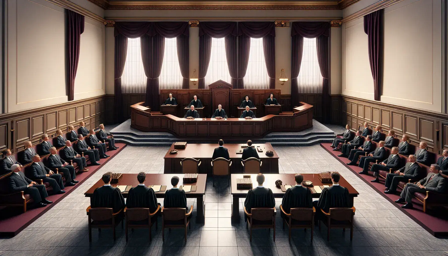 Sala de tribunal con tres jueces en togas detrás de una mesa larga, abogados enfrentados en mesas menores y bancos de madera para espectadores.