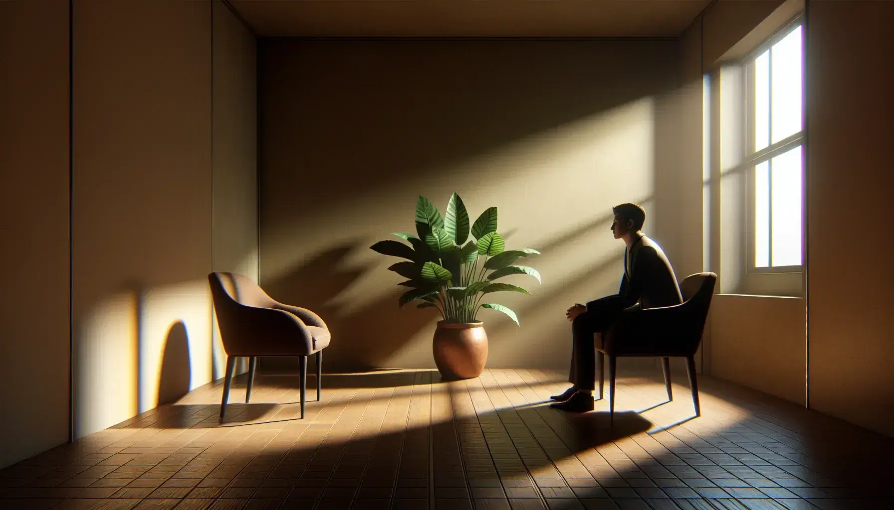 Escena de entrevista con luz natural, una persona en traje sentada frente a silla vacía, planta verde al fondo en ambiente tranquilo y profesional.