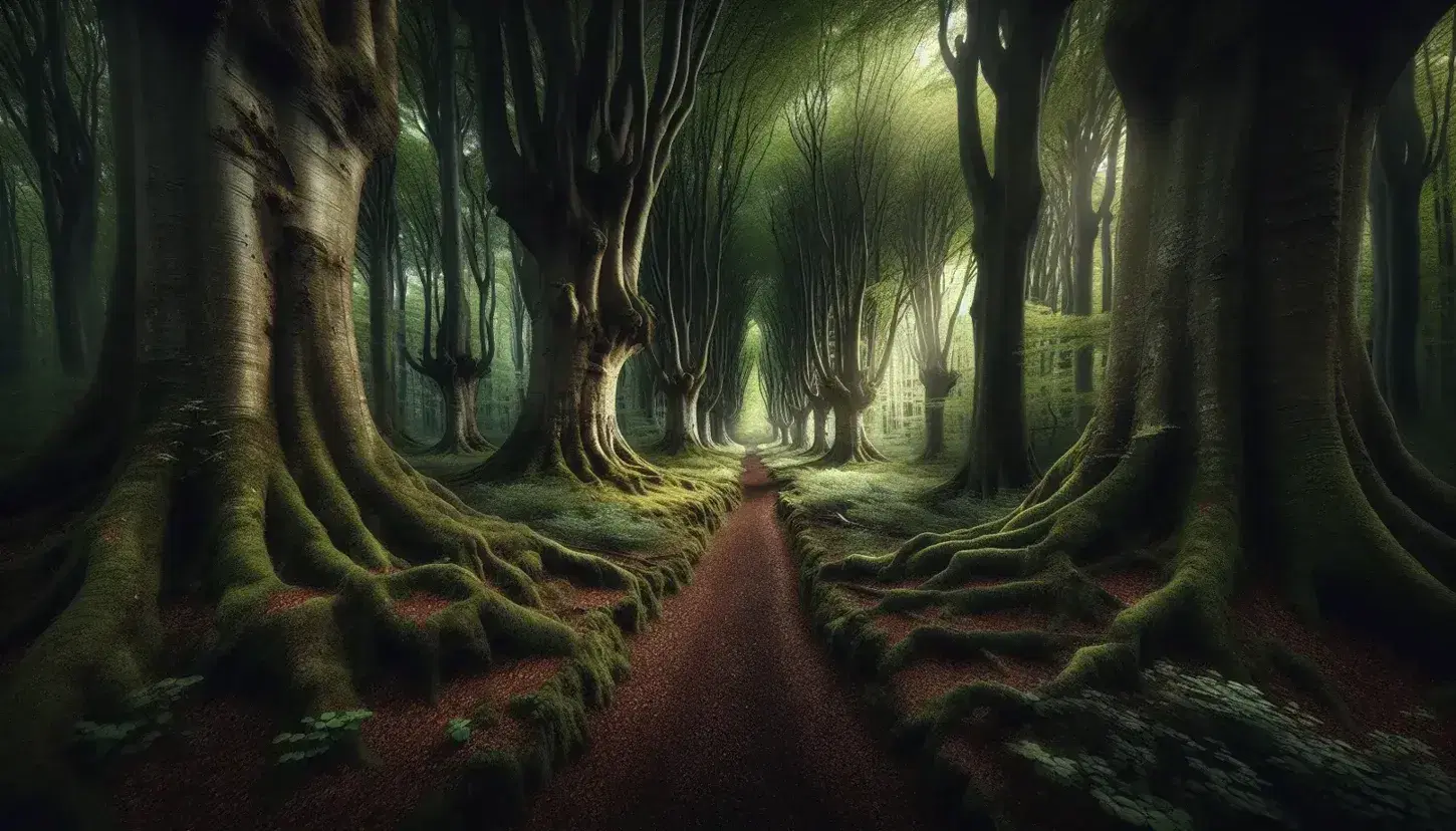 Foresta antica con alberi maestosi, sentiero che si biforca tra foglie cadute e muschi, effetti di chiaroscuro creati dalla luce filtrante.