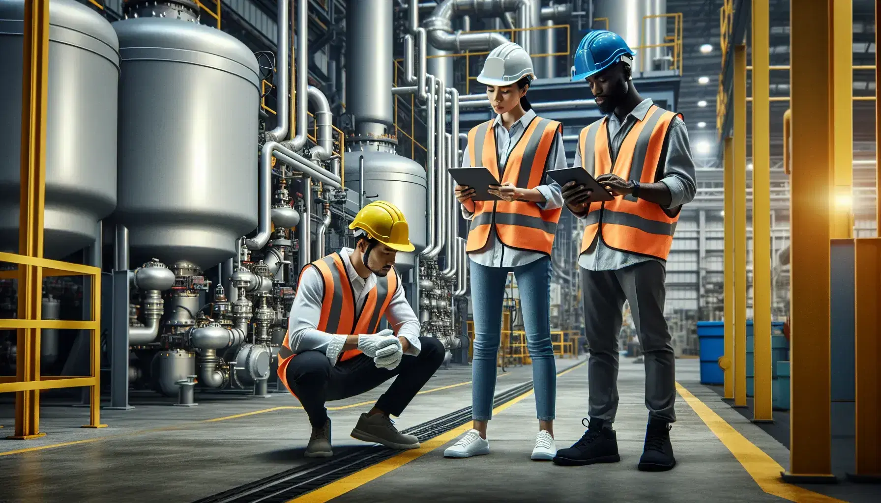 Tres profesionales de la industria con cascos de seguridad y chalecos reflectantes revisan maquinaria en una planta industrial.