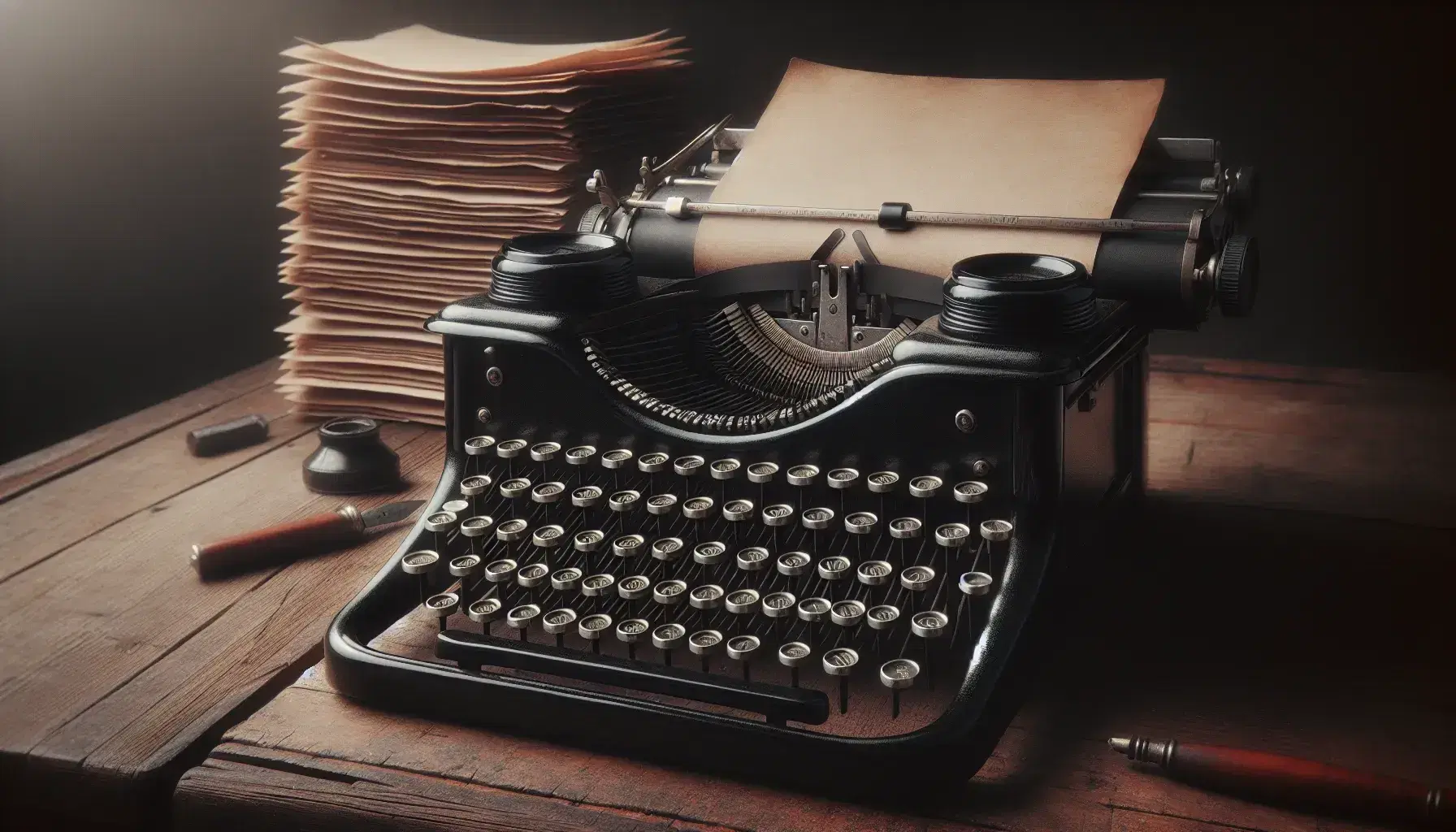 Vintage black typewriter with round keys on an old wooden desk, accompanied by a stack of cream-colored paper, a glass inkwell, and a black fountain pen.