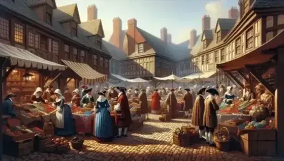 18th-century marketplace scene with vendors in period attire selling textiles, pottery, and produce to a diverse crowd under a clear blue sky.