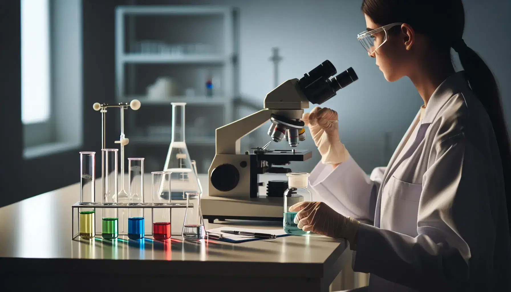 Laboratorio científico con microscopio plateado, tubos de ensayo con líquidos de colores y científico de espaldas manejando frasco con sustancia amarilla.