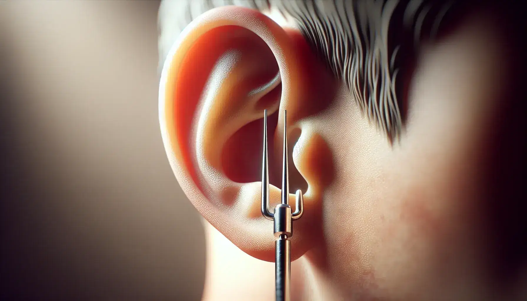 Close-up view of a human ear with a polished silver tuning fork positioned to the left, set against a soft, neutral background.
