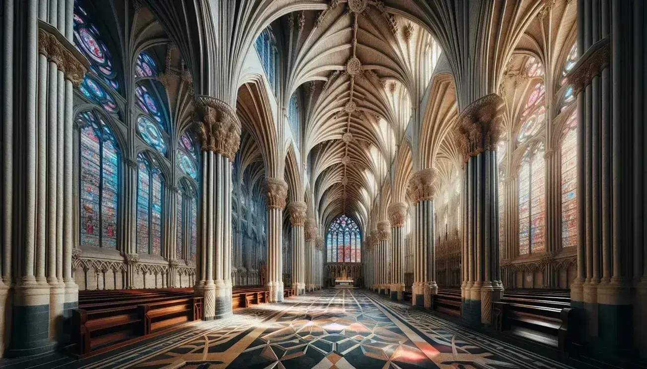 Interior gótico de catedral con pilares altos, arcos apuntados y bóvedas de abanico iluminadas por vitrales coloridos.