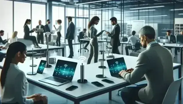 Modern, bright office with people at work, caucasian man at laptop, colleagues with tablet, wireless router visible, no texts or symbols.