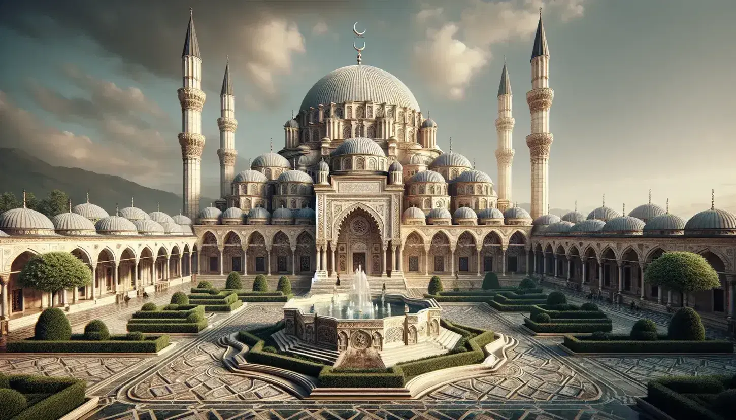 Ottoman-era mosque with a large central dome, crescent finial, four minarets, ornate fountain in courtyard, geometric tiles, and lush greenery under a clear sky.
