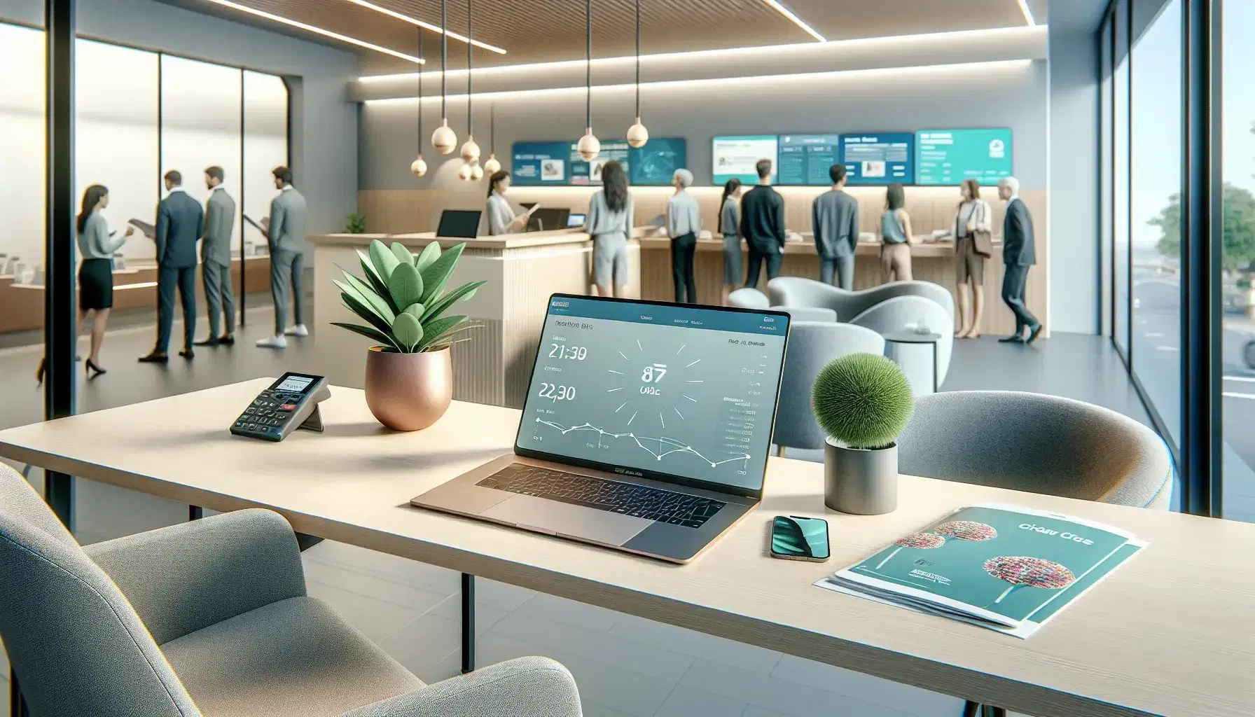 Escena en sucursal bancaria con mesa de madera, portátil abierto, móvil y folletos coloridos, silla de oficina y fila de clientes esperando.