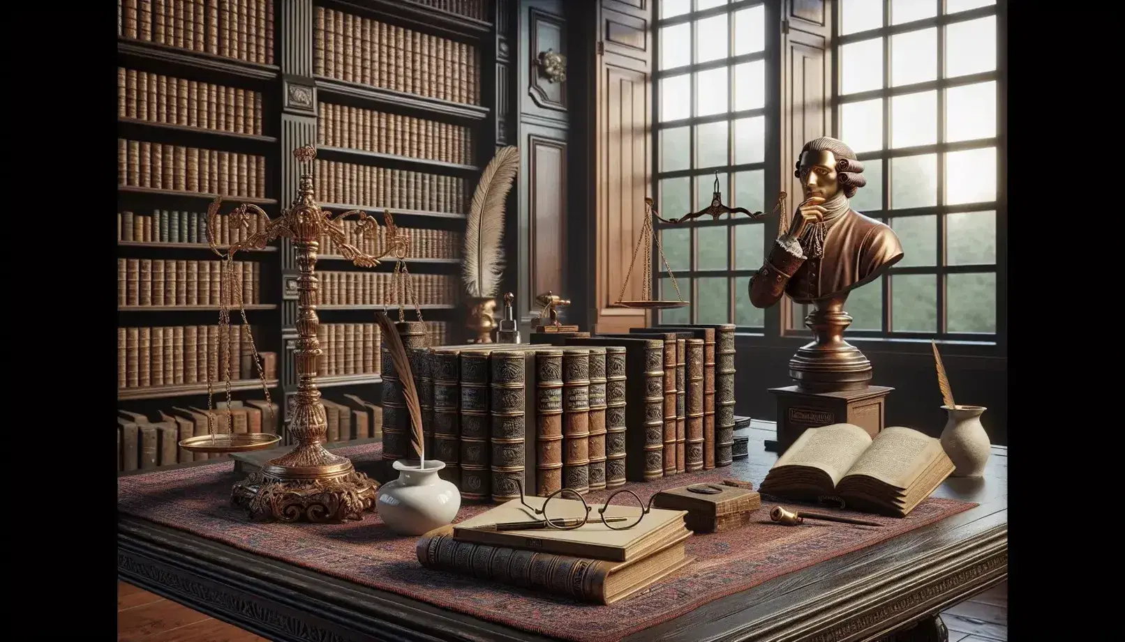 Biblioteca antigua con mesa de madera oscura, libros de cuero, gafas doradas, pluma y tintero, estatua pensativa y balanza de justicia bajo luz natural.