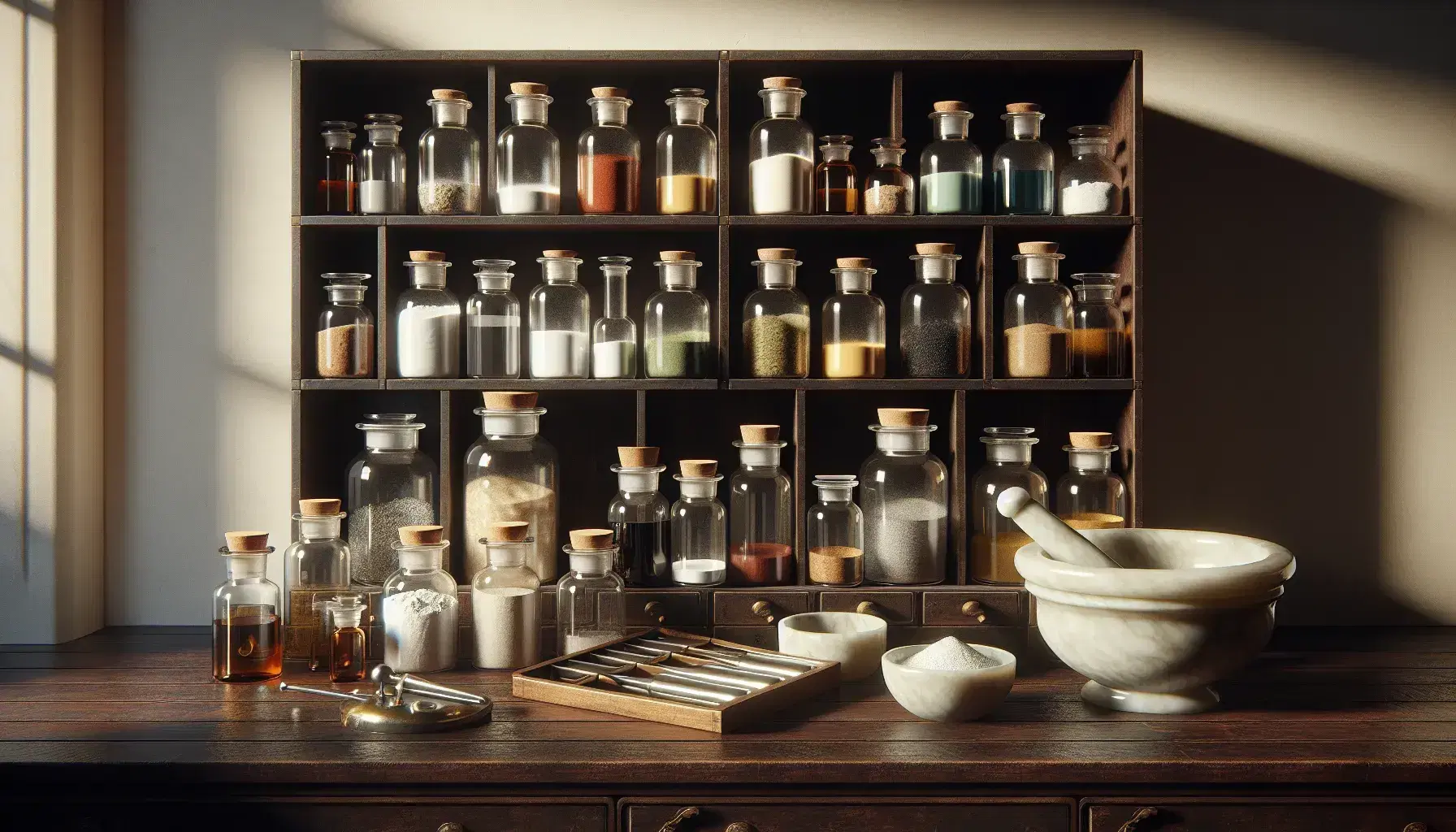 Estante de madera con frascos de vidrio conteniendo polvos y líquidos de colores, mortero de porcelana y balanza de dos platos en mostrador de farmacia antigua.