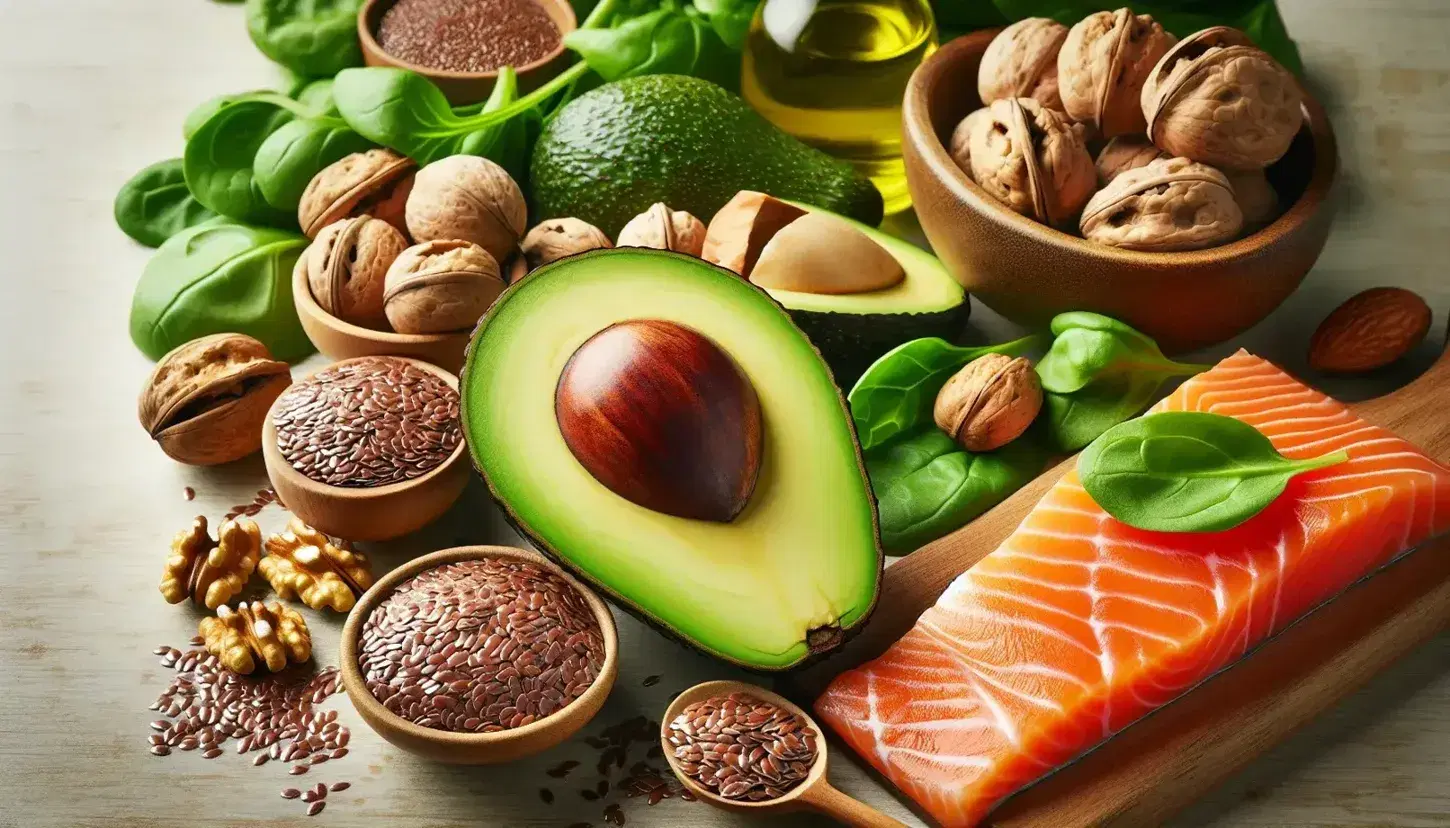 Varietà di alimenti ricchi di acidi grassi su superficie in legno chiaro: mezzo avocado, semi di lino, noci, filetti di salmone, mandorle, spinaci, semi di chia e olio d'oliva.