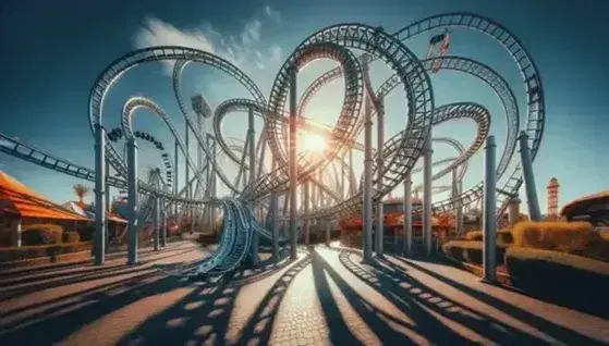 Parque de atracciones con montaña rusa de metal y noria colorida en día soleado, cielo azul y árboles verdes, sin personas visibles.