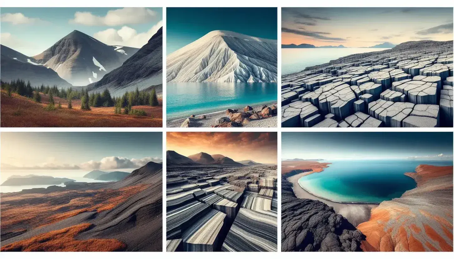 Mosaico de cuatro fotos mostrando dominios litológicos de España: montañas rocosas, acantilado de caliza junto al mar, terreno arcilloso y paisaje volcánico con cono y lava solidificada.