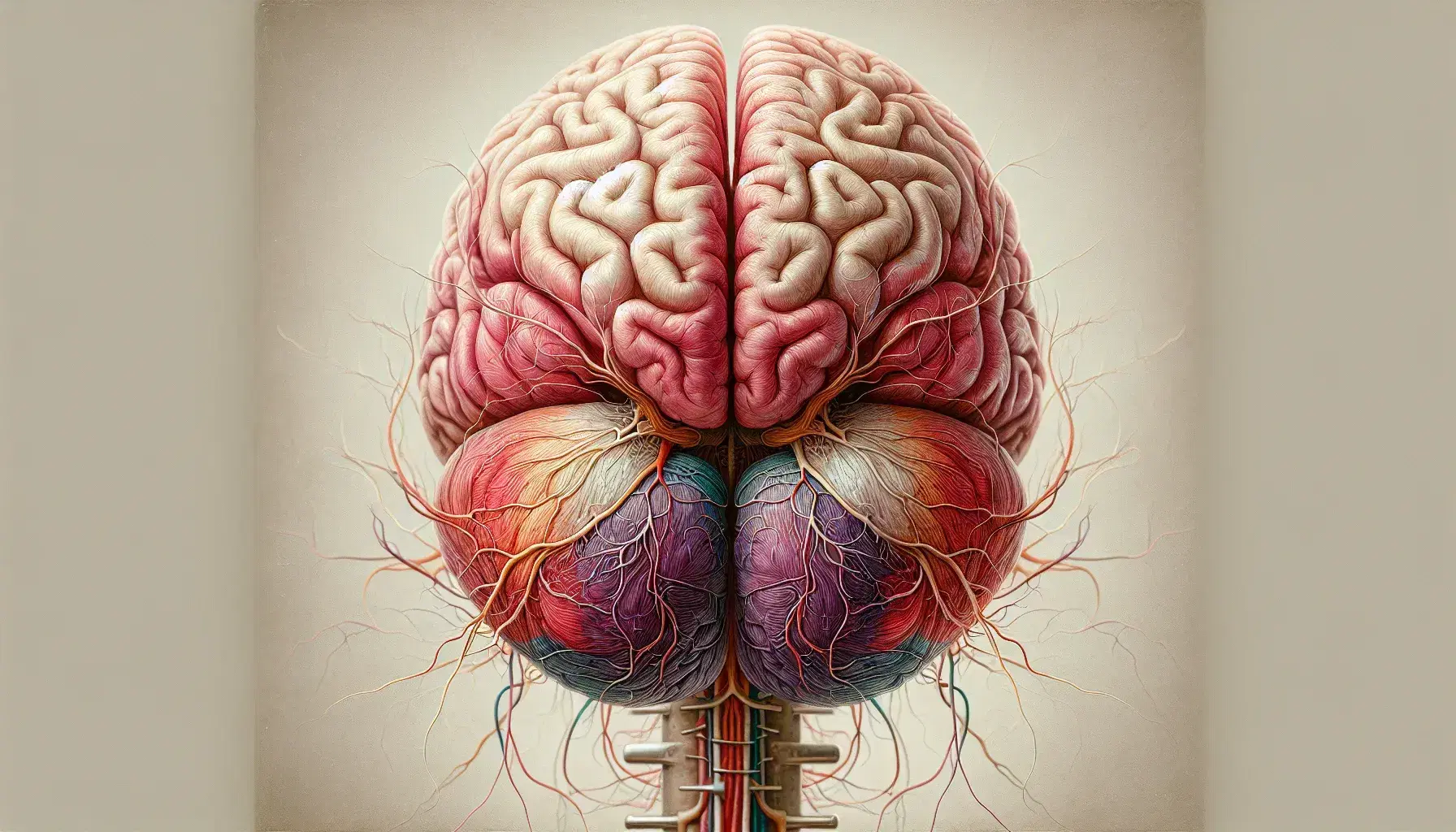 Rappresentazione dettagliata del cervello umano dall'alto con emisferi cerebrali, midollo spinale e nervi periferici, accanto a un cuore con vasi sanguigni.