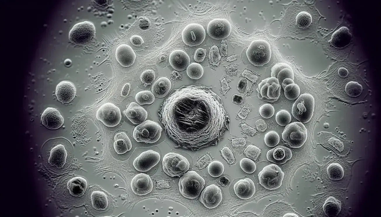 Células humanas en microscopio electrónico con núcleo oscuro central, orgánulos internos y células en división sobre fondo gris uniforme.