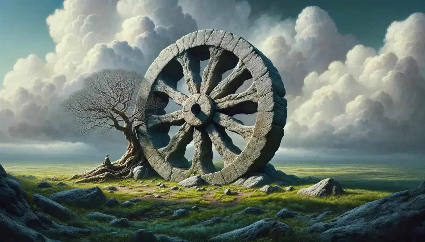 Paesaggio naturale con ruota di pietra erosa, albero spoglio e figura umana seduta, sotto un cielo nuvoloso.