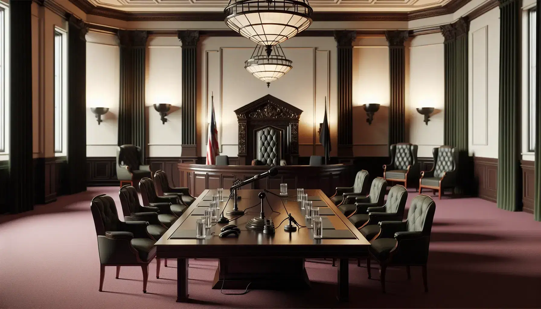 Sala de tribunal vacía con mesa central de madera oscura, sillas con cojines verdes, estrado con silla de juez ornamentada, micrófono y vasos de agua, bandera unicolor y lámparas colgantes.