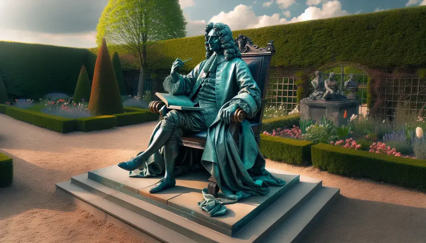 Escultura de bronce de filósofo del siglo XVII sentado con un libro y pluma en un jardín soleado, rodeado de arbustos verdes y flores coloridas.