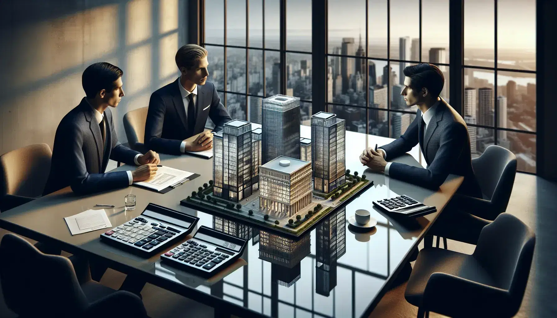 Three professionals in business attire discuss a detailed scale model of a commercial building on a glass table in a well-lit office with a cityscape backdrop.
