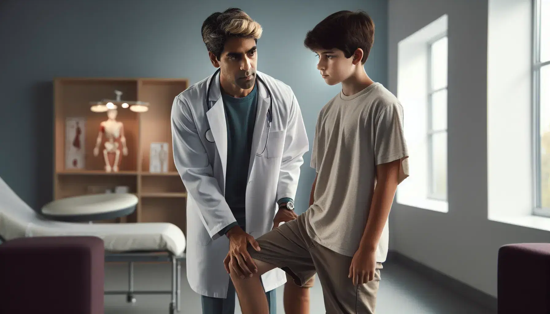 Ragazzo adolescente in visita ortopedica mentre medico esamina la mobilità dell'anca in ambiente clinico sobrio.